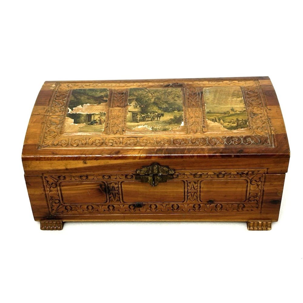 Vintage Carved Wooden Jewelry Box Keepsake Chest Mirror Decoupage